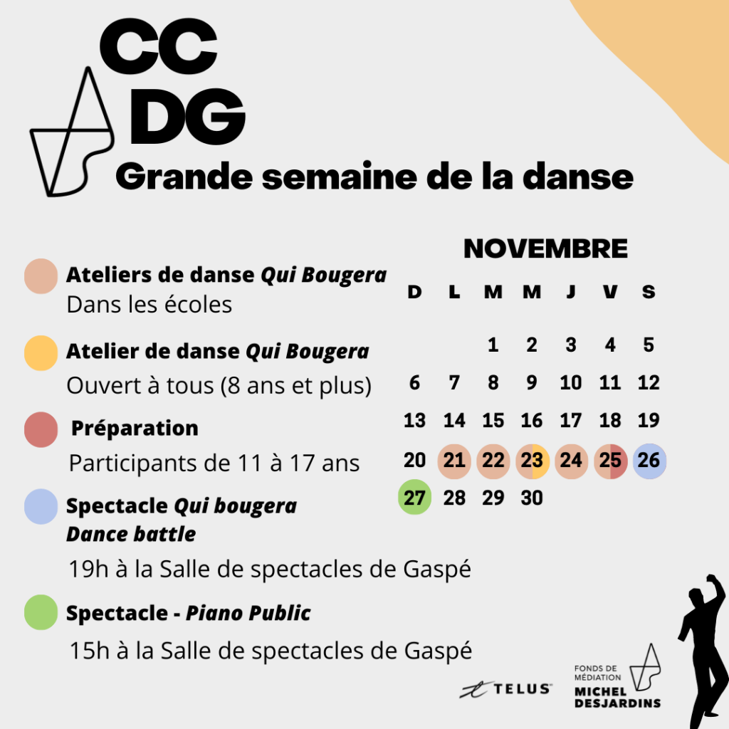 Le froid va bientôt s’installer, mais du 21 au 27 novembre, Gaspé va être HOT! Le CCDG incarnera plus que jamais son rôle de médiateur culturel avec la grande semaine Qui bougera!